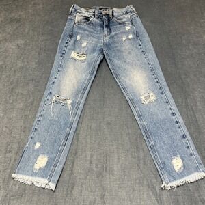 FYI Jeans Womens 34 26x27 Blue Denim Straight Leg Distressed Mid Rise Frayed Hem